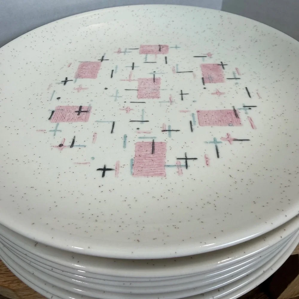 Vernonware Tickled Pink Salad Plates Set of 8 Mid Century Modern Atomic 7.5